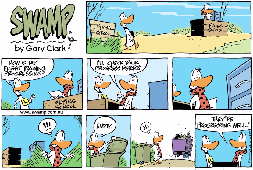 Ding Duck is inquiring of his Flight Theory Instructor about how his flight training is progressing. Swamp Cartoon - Flight Training is ProgressingOctober 22, 2023